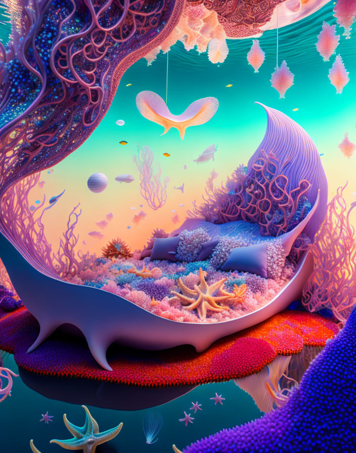 Colorful surreal underwater scene with coral, sea creatures, and butterfly in neon and pastel hues