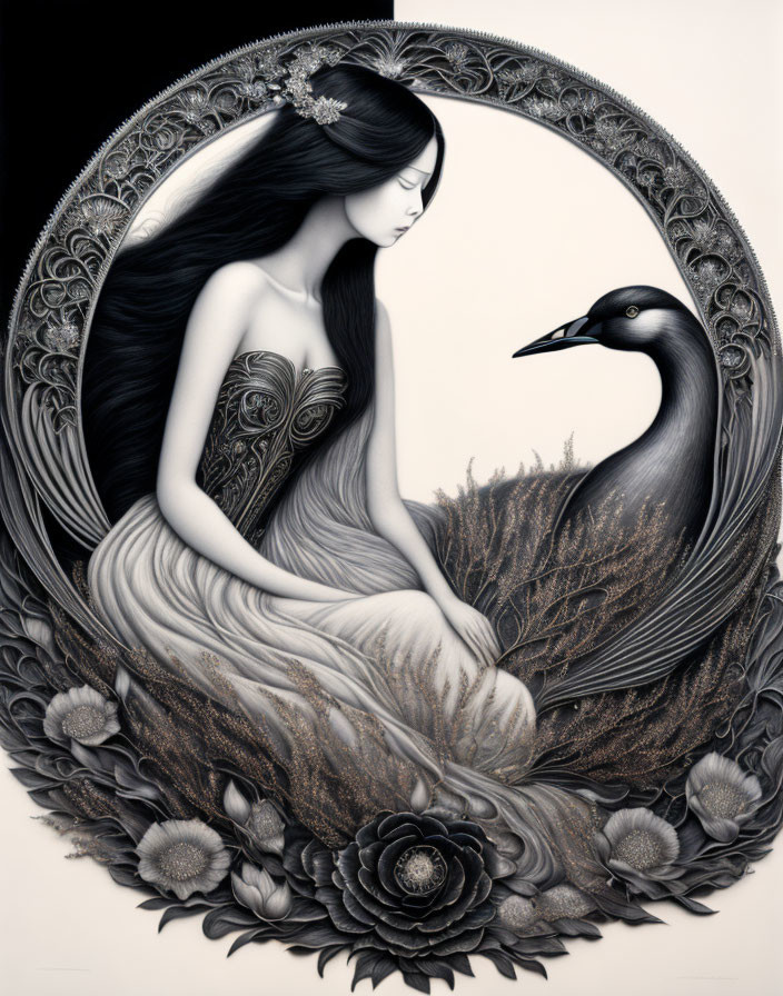 Monochrome illustration of woman with long hair beside swan in circular frame