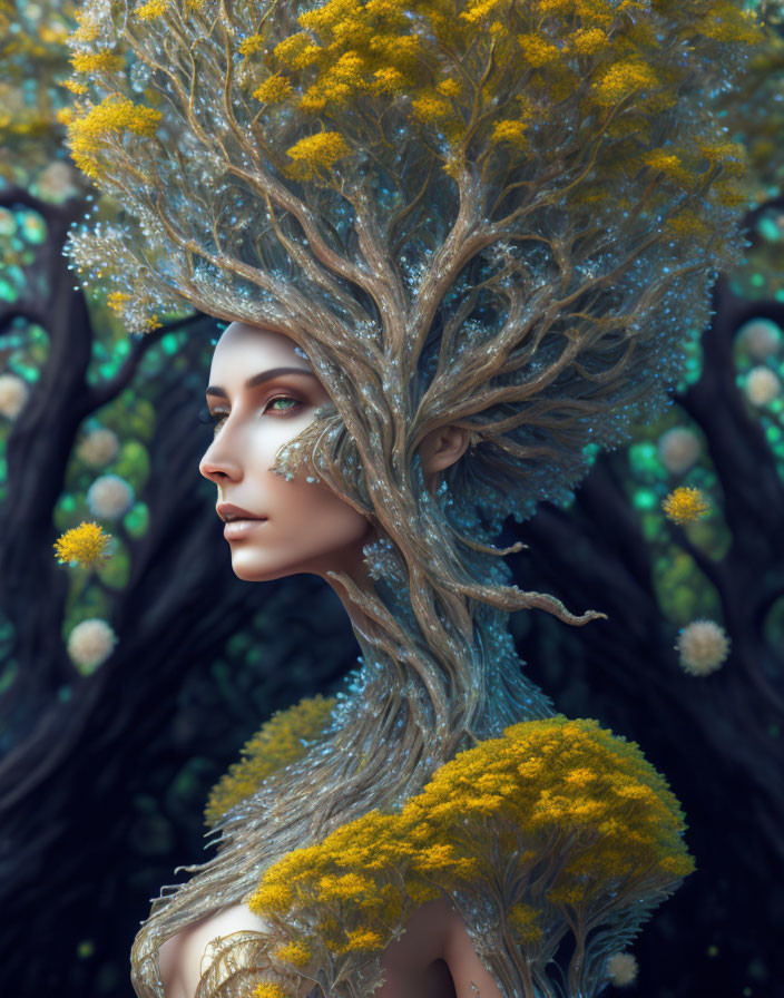 Figure with tree branches and yellow blossoms hair in mystical forest