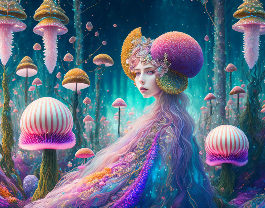 Portrait of woman with long hair in mystical forest with vibrant mushrooms & sparkling light.