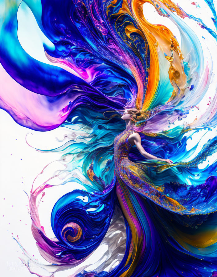 Colorful digital artwork of a woman in dynamic swirl of colors