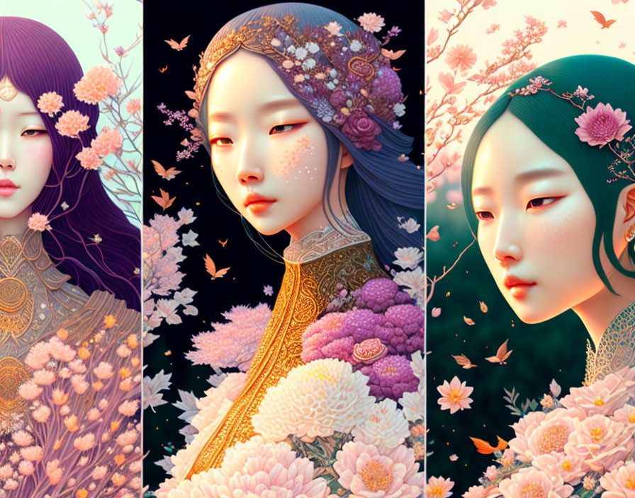 Stylized woman portraits with floral headpieces and vibrant colors