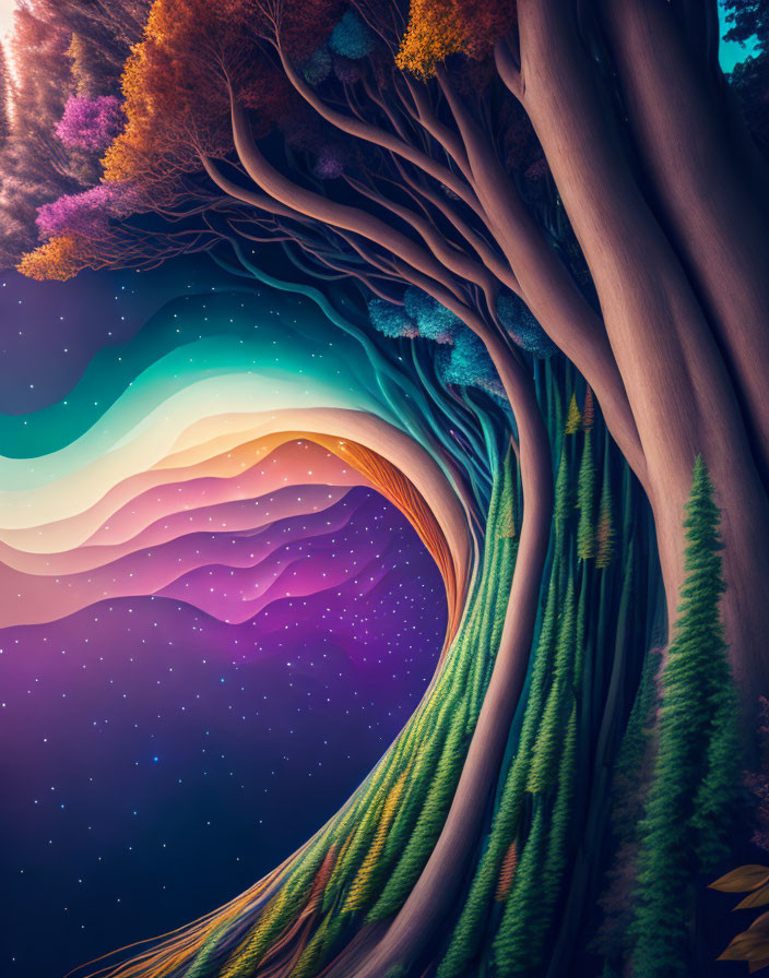 Colorful surreal forest scene with swirling sky and towering trees