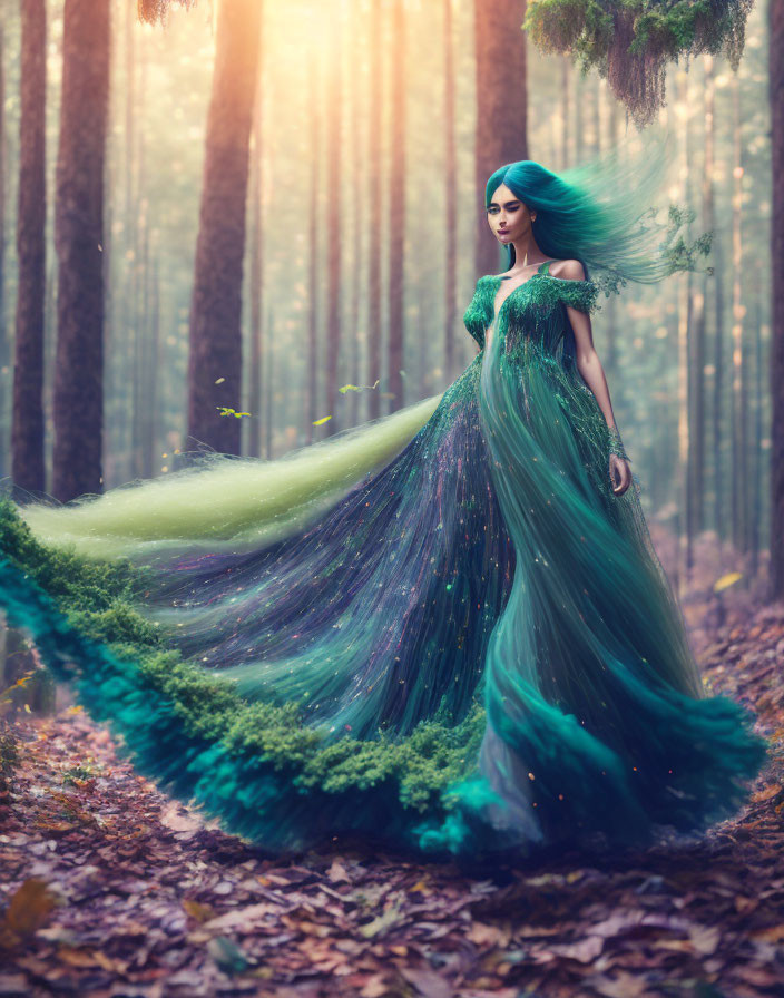 Woman in green dress with long train standing in sunlit forest with blue hair.