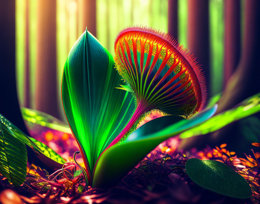 Colorful Digital Art: Fantastical Plant with Venus Flytrap Head in Mystical Forest