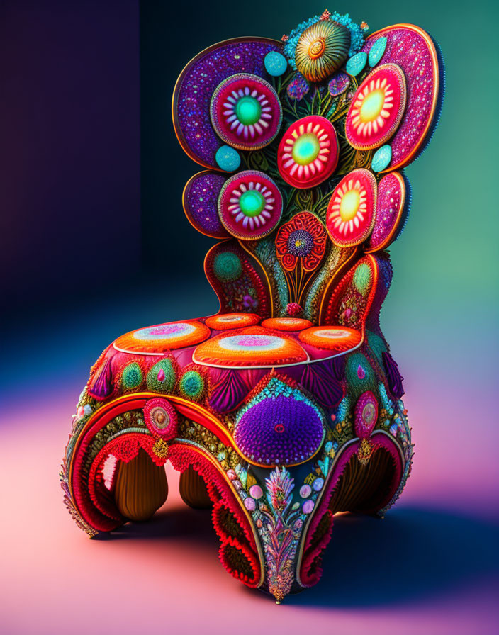 Colorful Peacock-Inspired Psychedelic Chair with Floral Motifs