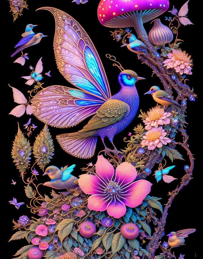 Colorful digital artwork: birds, butterflies, flowers, mushrooms in purples, pinks,
