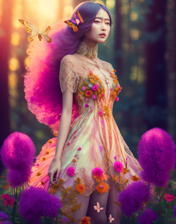 Woman in floral dress surrounded by butterflies in forest with warm light.