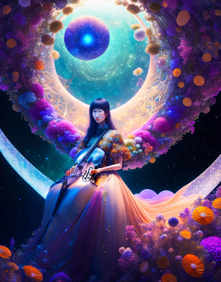Woman playing cello in cosmic fantasy scene with vibrant nebulae.