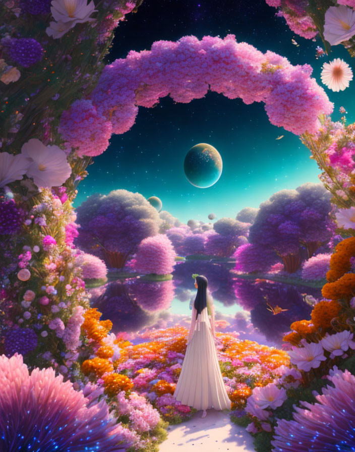 Woman in white dress walking towards vibrant floral archway in surreal purple landscape with large moon and starry