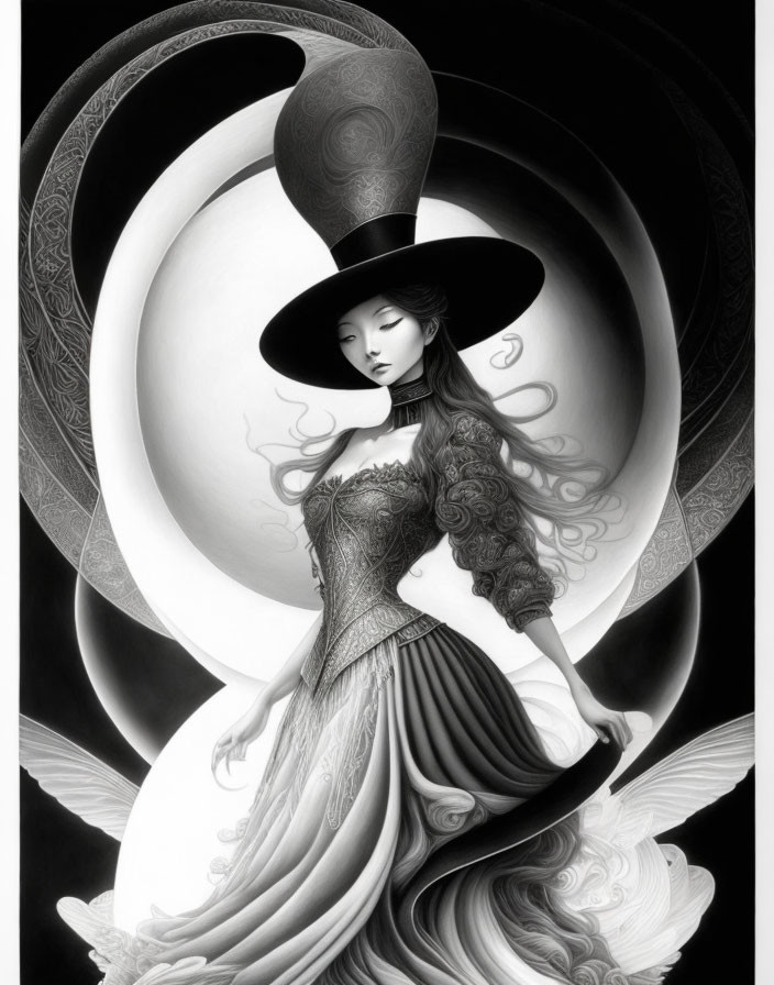 Monochromatic illustration of woman in large top hat with decorative swirls