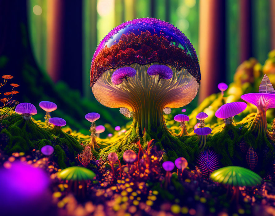 Colorful Mushroom Forest with Iridescent Dome Fungus