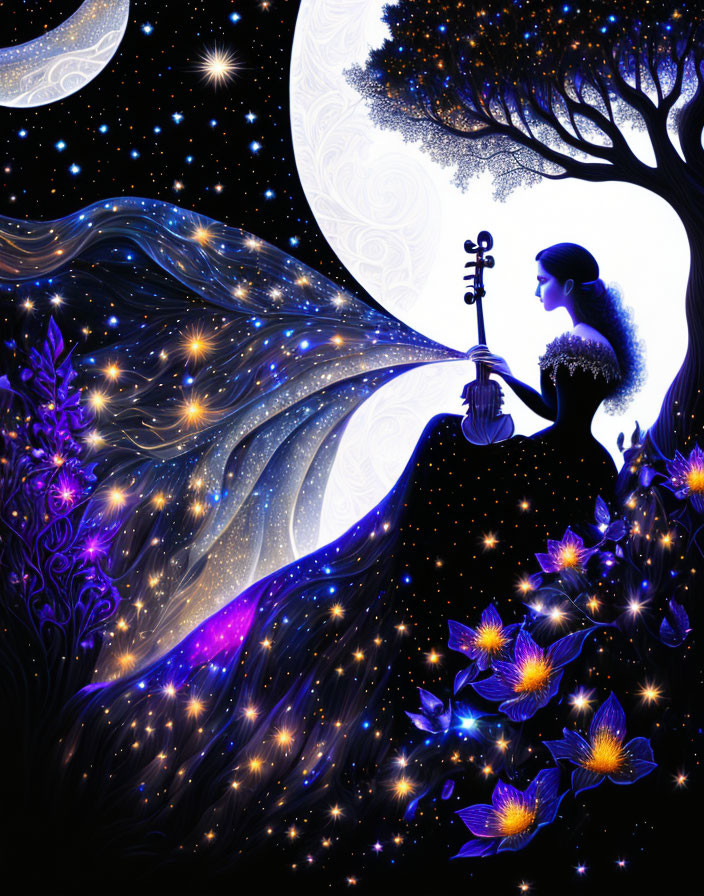 Surreal illustration of woman playing guitar under cosmic sky