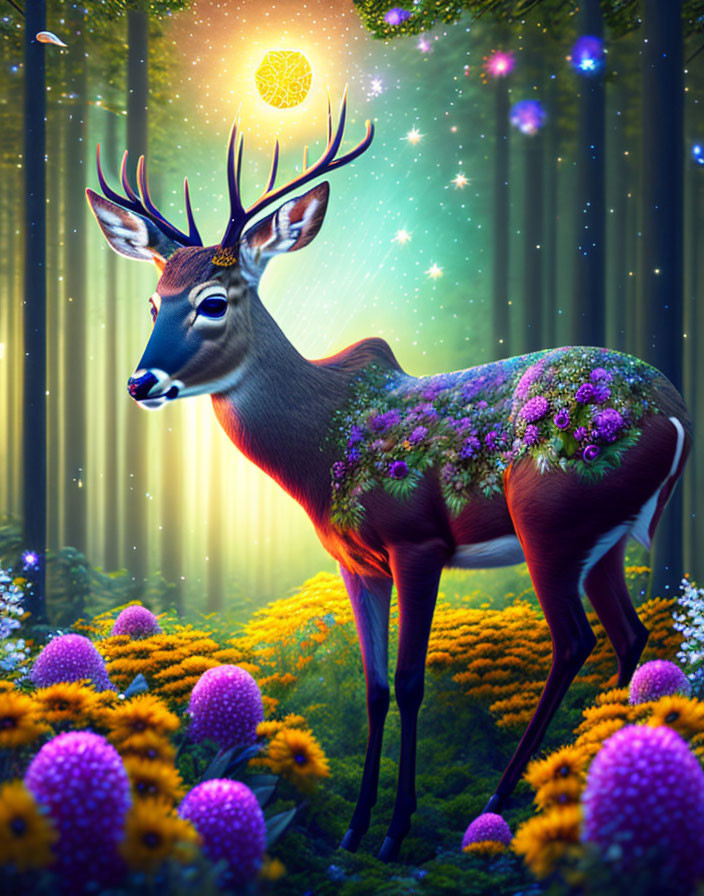 Enchanted deer with garden on back in vibrant forest scenery
