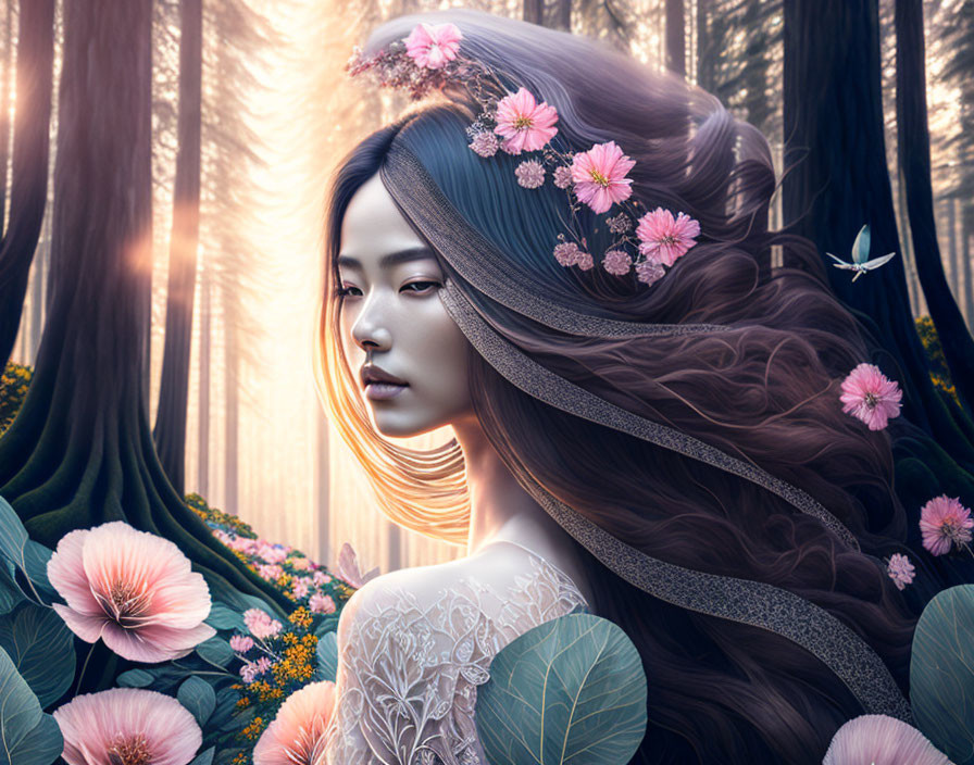 Woman with flowers in flowing hair in ethereal forest with butterfly