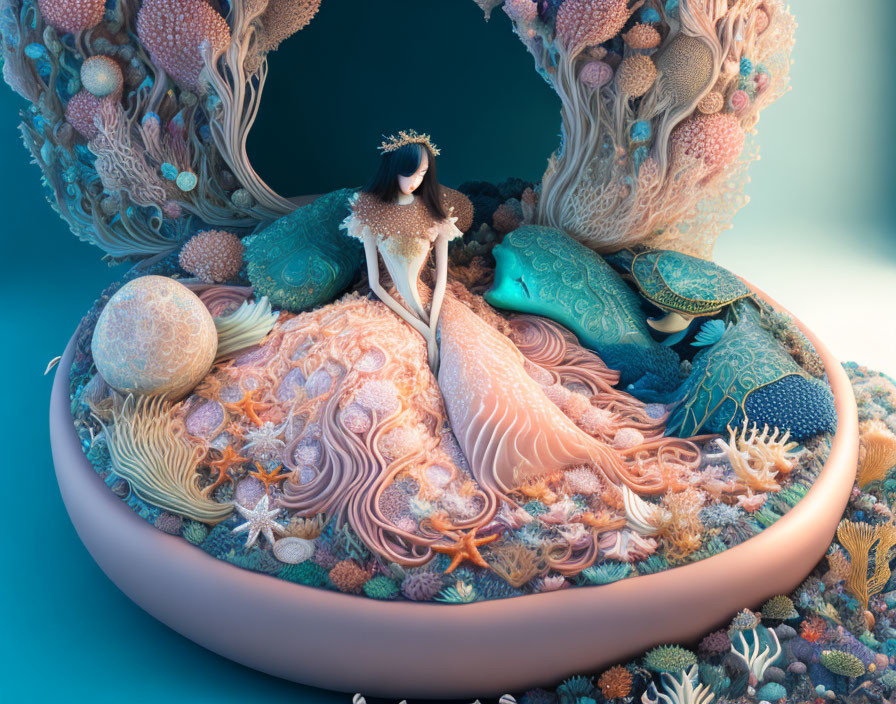 Ocean-inspired surreal artwork: Woman blending into vibrant marine ecosystem