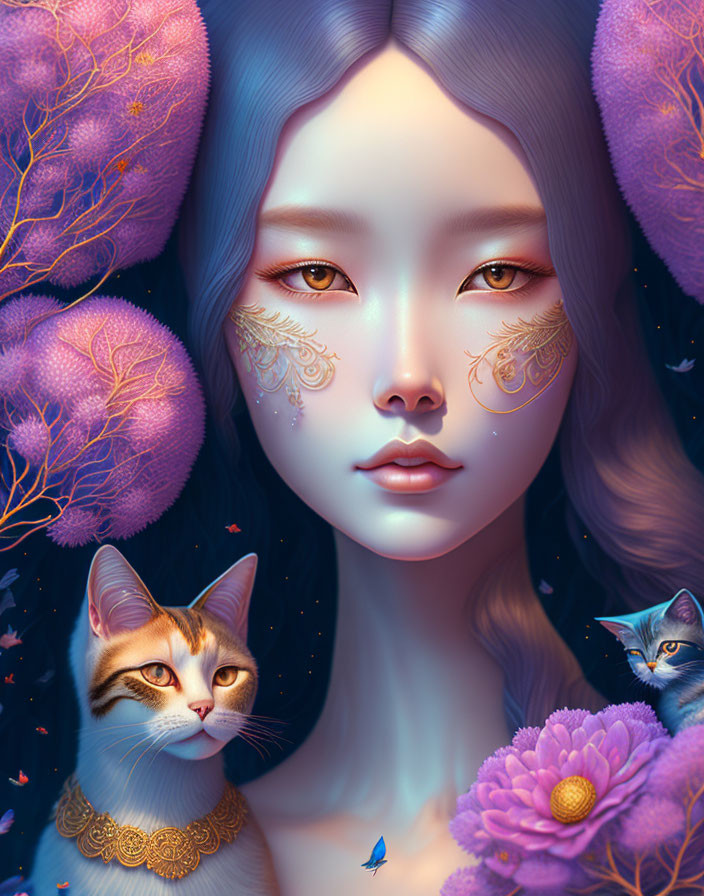 Digital artwork of woman with gold facial markings among purple nature and animals