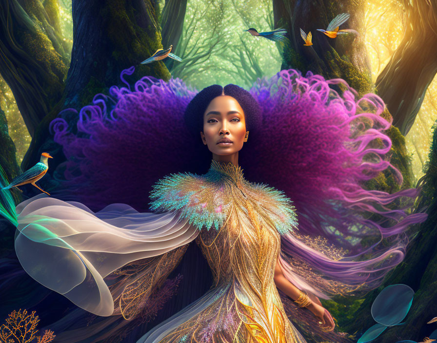 Mystical woman in colorful feathered outfit in enchanted forest