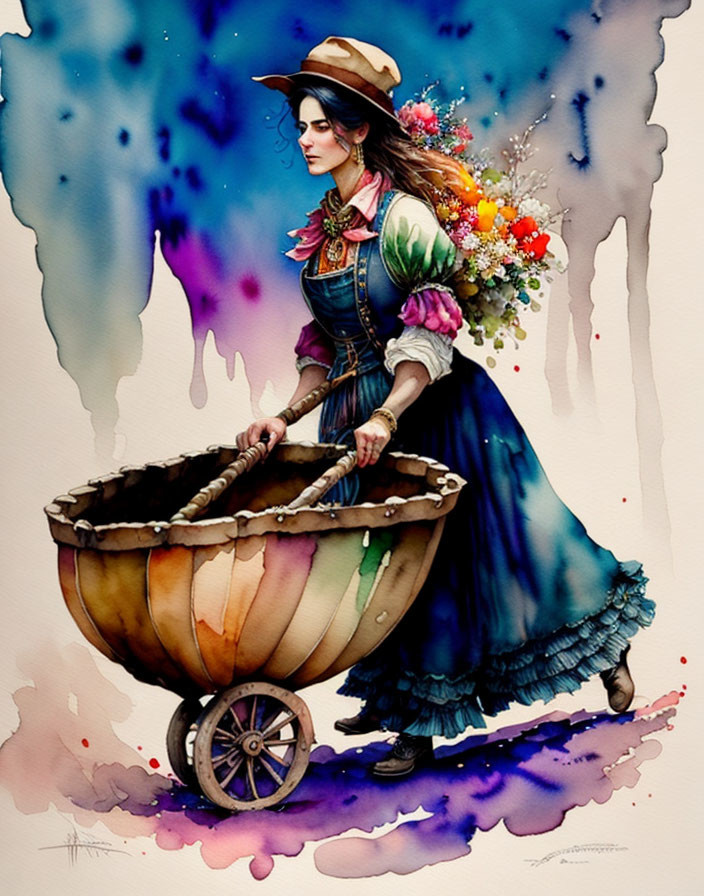 Vibrant Watercolor Illustration of Woman in Vintage Attire with Wheelbarrow