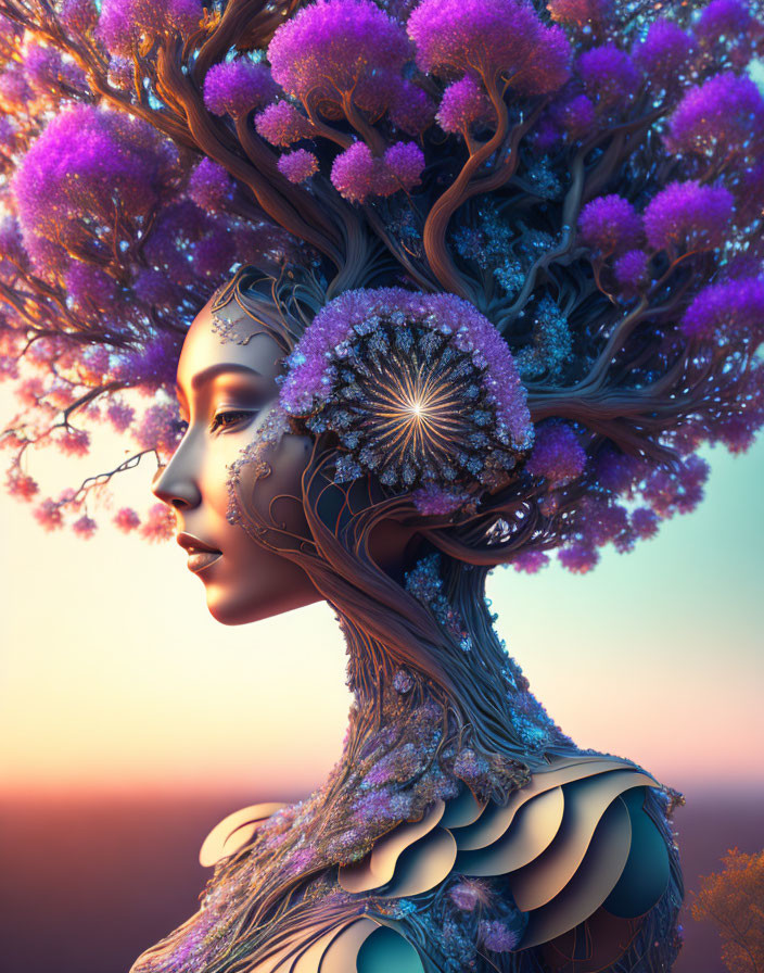 Surreal image: Woman with blooming tree hair under twilight sky