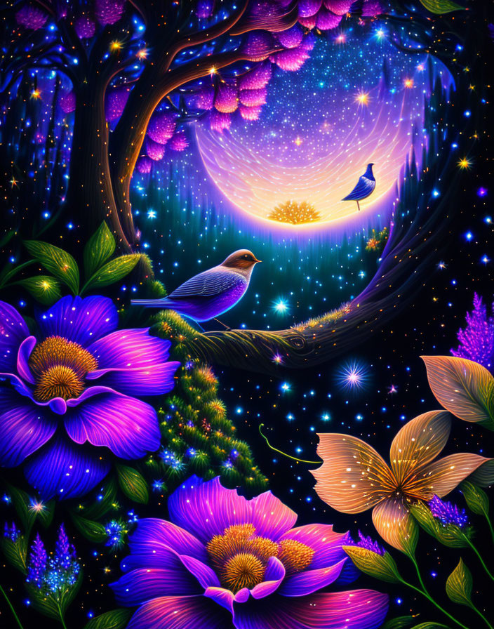 Colorful fantasy artwork: bird on branch, purple flowers, starry sky, glowing butterflies