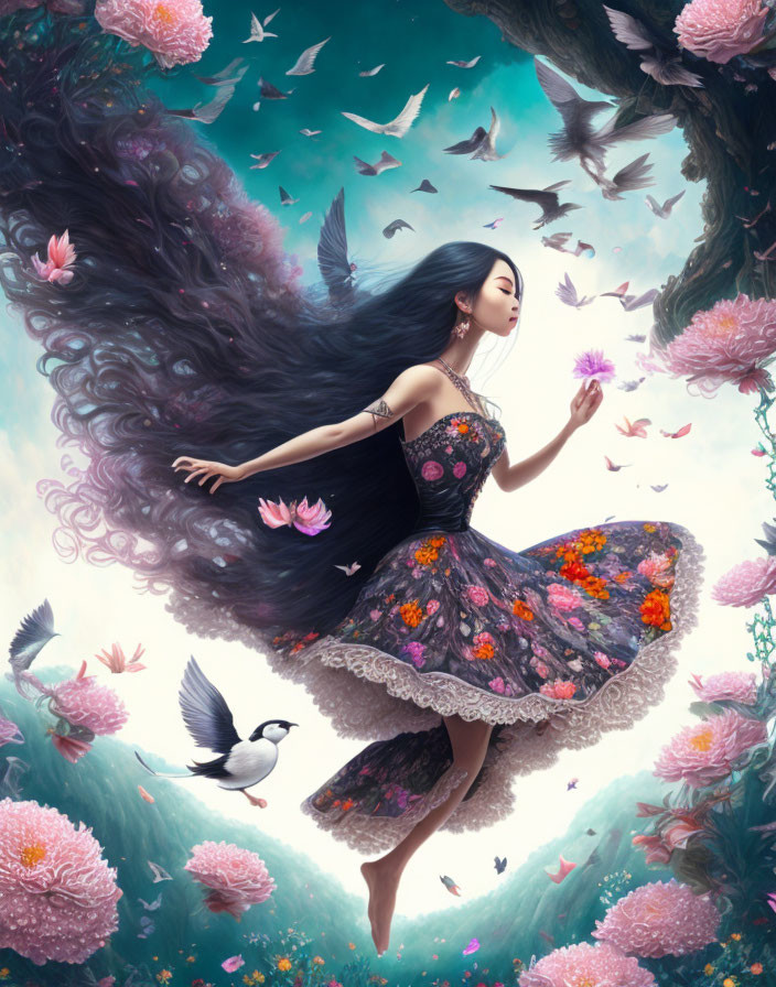 Woman with butterfly wings in magical forest surrounded by flowers and birds