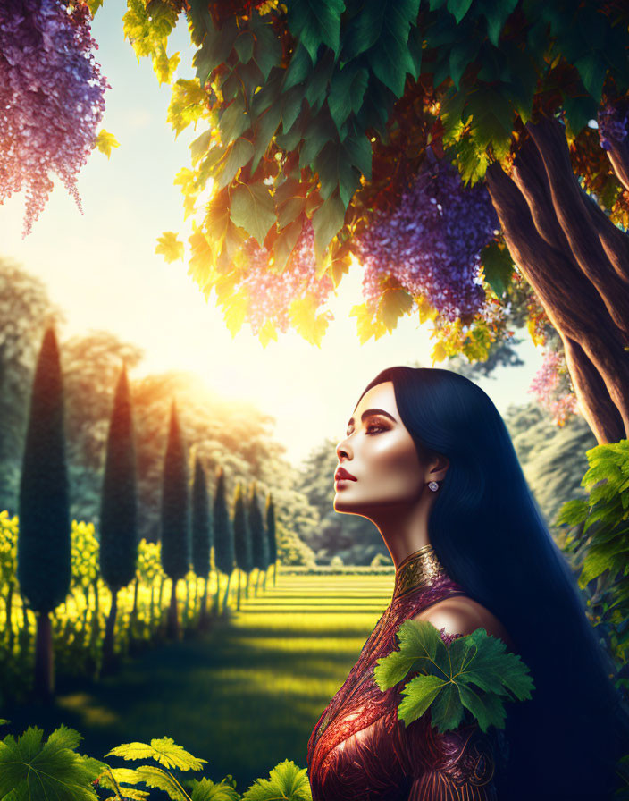 Dark-haired woman with leaves under purple flower canopy overlooking vineyard