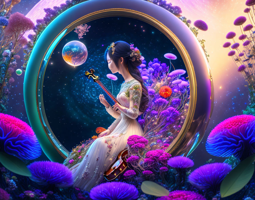 Woman in white dress playing stringed instrument surrounded by vibrant flora and floating orbs in surreal circular frame.