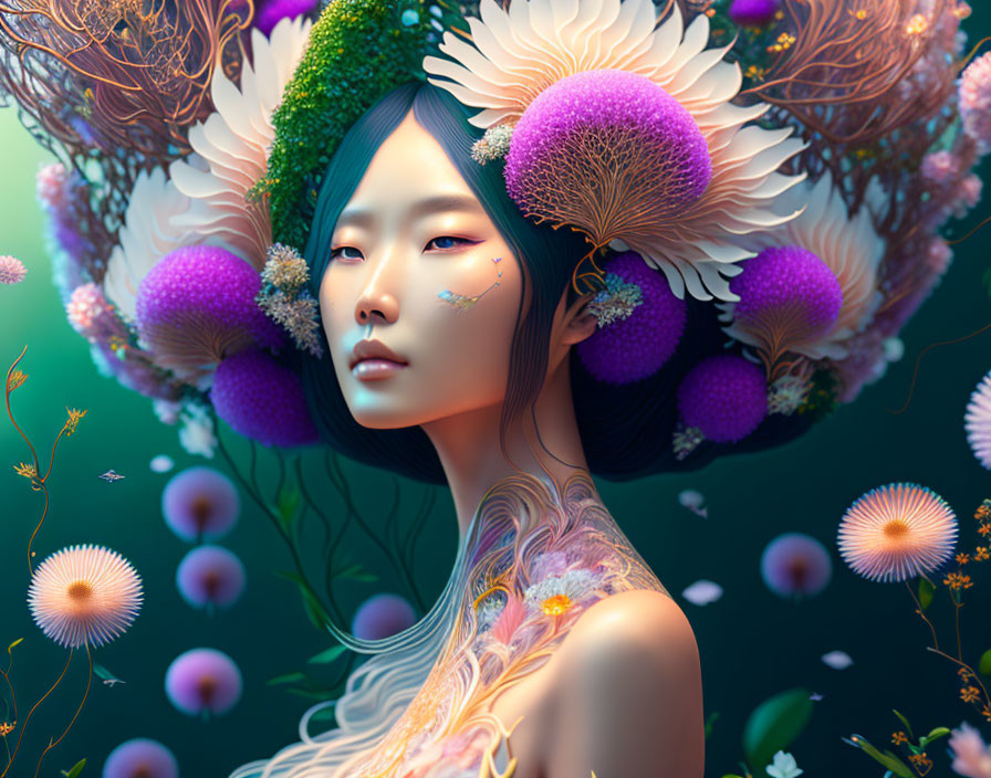 Ethereal woman with purple flower headdress in serene setting