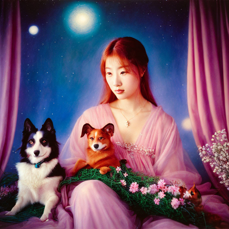 girl with dogs watching stars, birds, flowers, fai