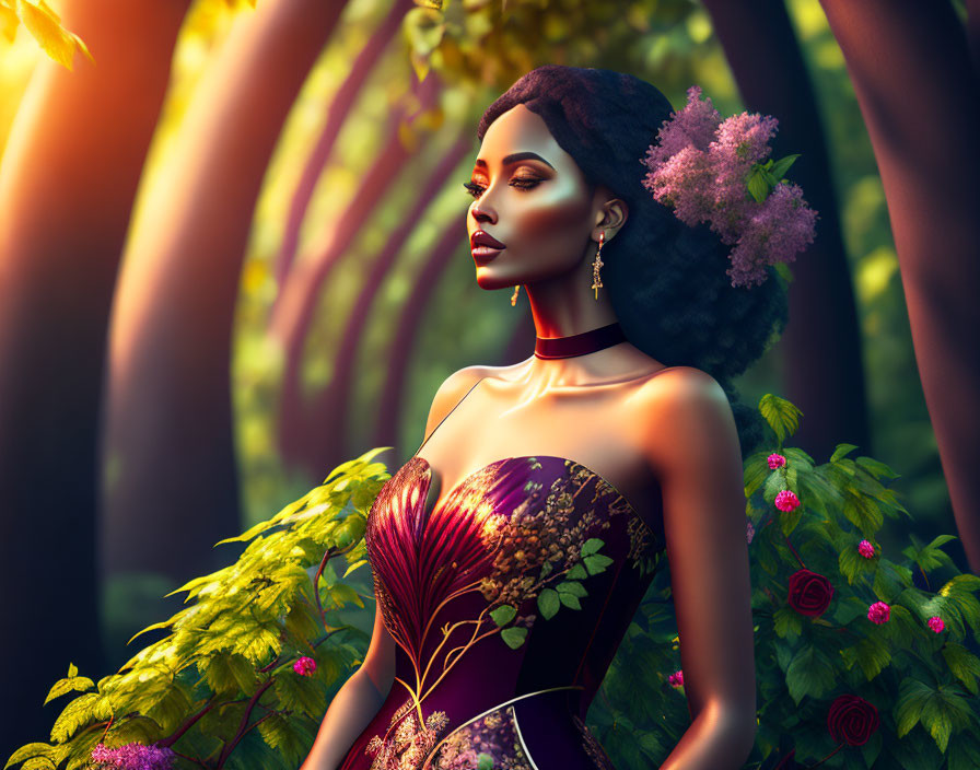 Digital artwork: Dark-skinned woman in floral dress at sunset