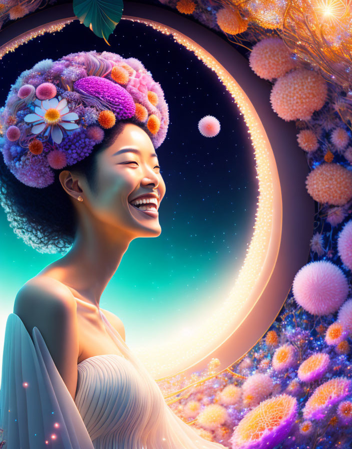 Colorful cosmic setting with joyful woman and floral hairstyle