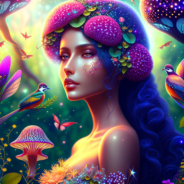 Colorful Woman with Mushroom and Star Hair Surrounded by Nature Elements