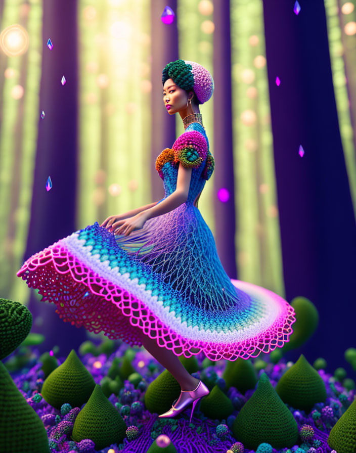 Colorful Woman in Intricate Dress Floating Above Purple Fantasy Landscape