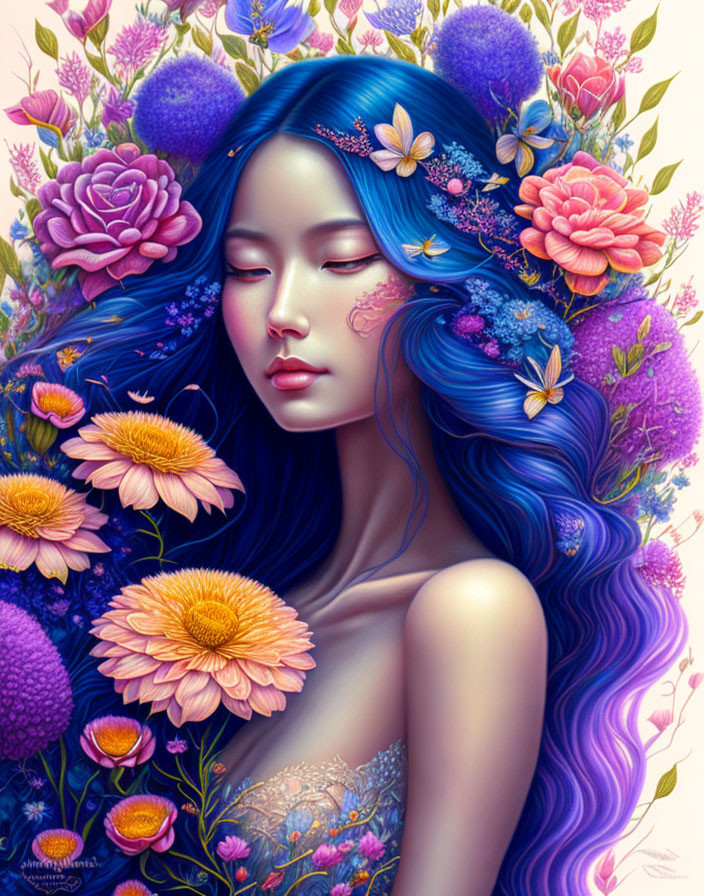 Colorful Artwork: Woman with Blue Hair and Floral Surroundings