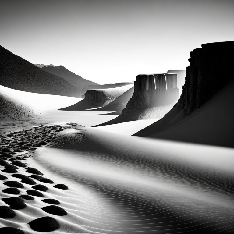 Sharp-edged monochrome desert landscape with contrasting light and shadows