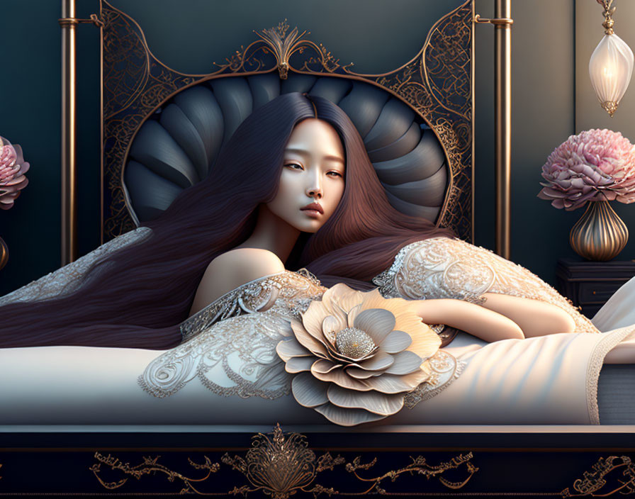 Illustration of woman with long hair on ornate couch surrounded by oversized flowers and intricate patterns