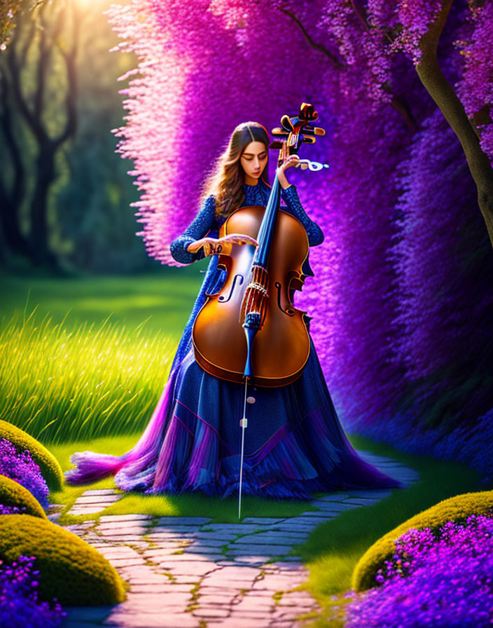 Woman playing cello in blue gown in vibrant garden path with purple flowers