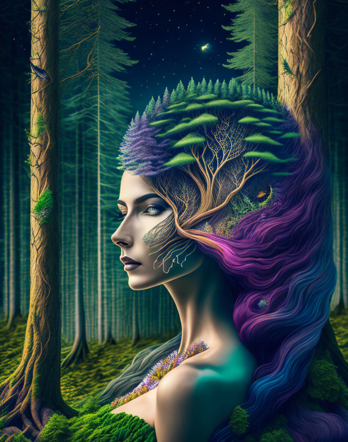 Surreal portrait of woman merging with nature in forest setting