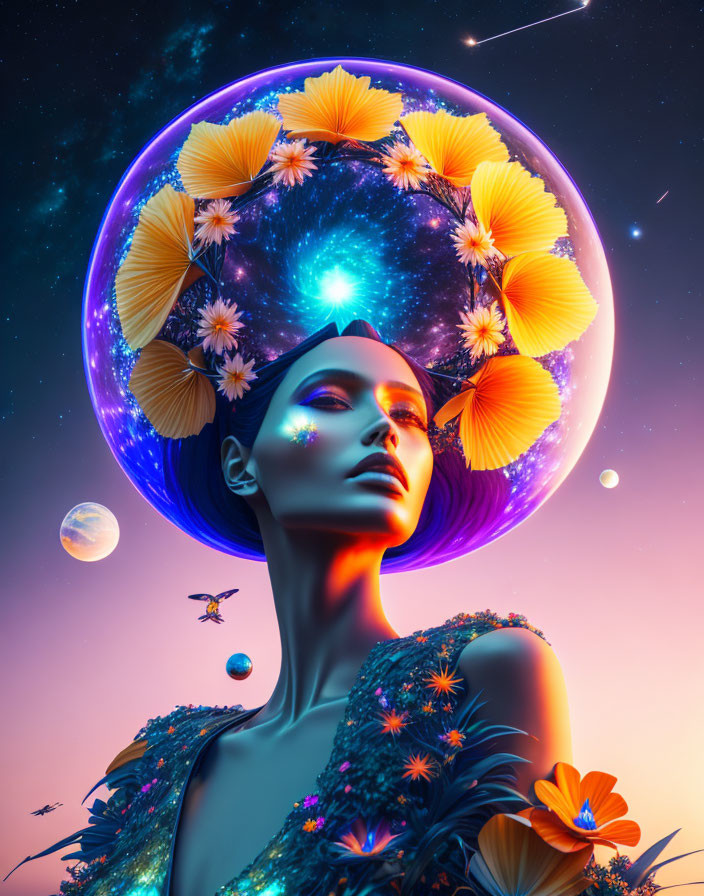 Surreal portrait of woman with glowing flower halo and celestial elements