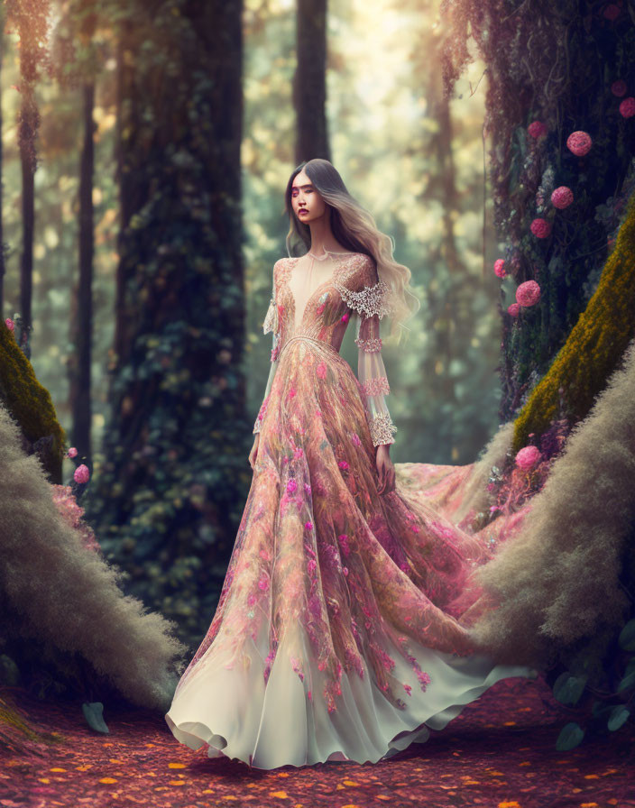 Woman in floral gown in enchanting forest with pink flowers and moss-covered trees