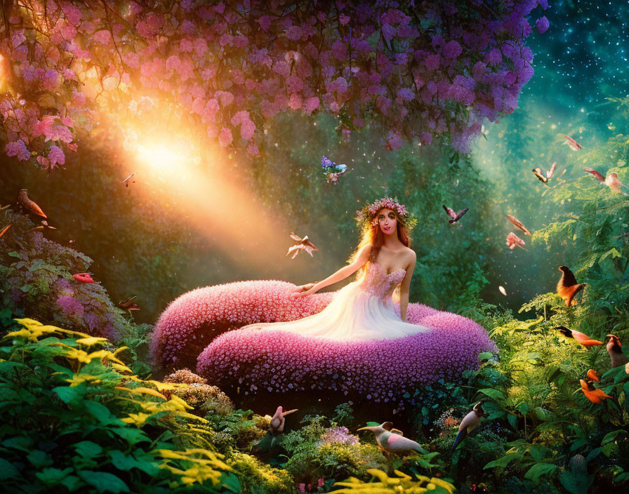 beautiful fairy with cute birds, vines, flowers, a
