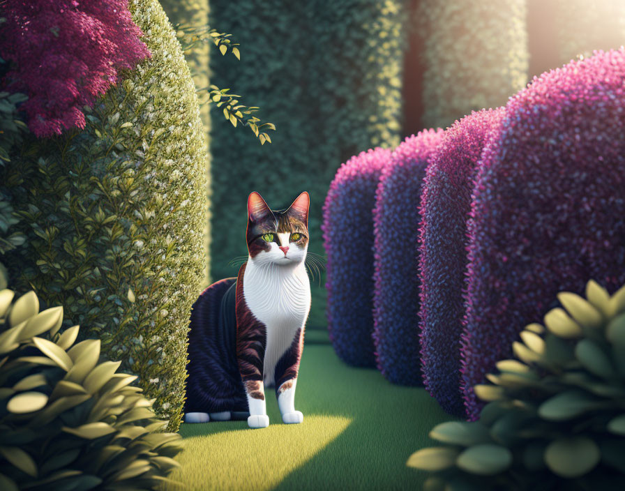Black and White Cat Among Tr trimmed Hedges and Purple Flowers