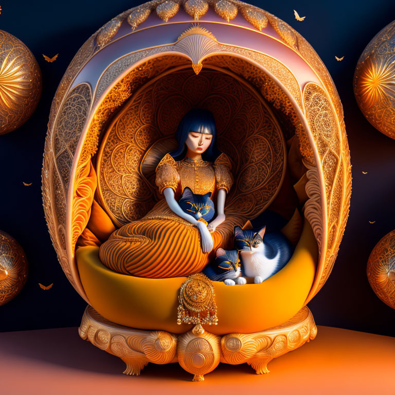 Stylized illustration of woman and cat in golden egg with intricate patterns