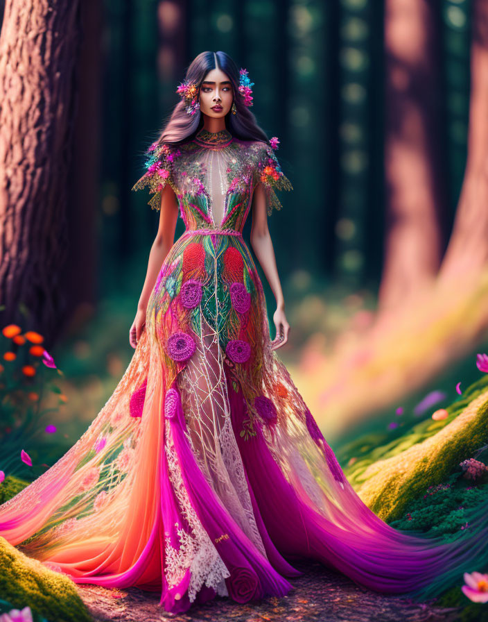 Vibrant floral gown in whimsical forest setting