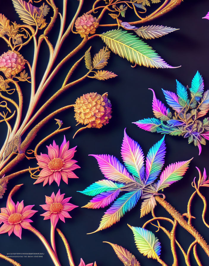 Colorful botanical illustration with stylized flowers and leaves on dark backdrop