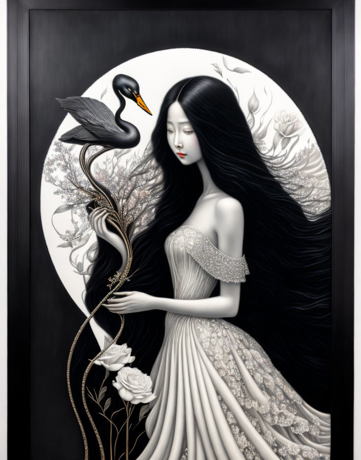 Monochromatic artwork of pale woman with long black hair and black swan in circular frame