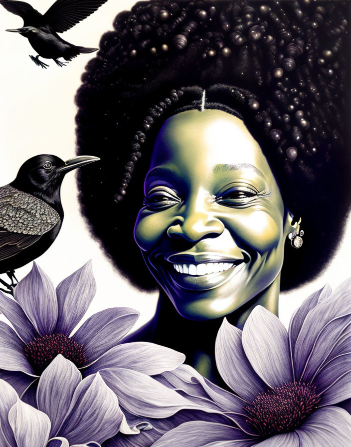 Colorful illustration of smiling woman with afro, flowers, and blackbird
