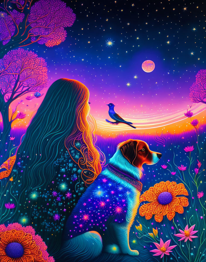 Colorful Illustration: Woman, Dog, and Bird under Starry Sky