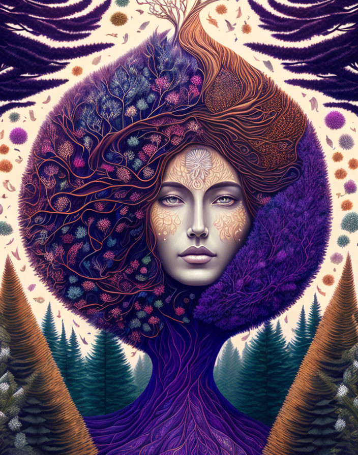 Woman with Tree Branch Hair in Forest-Themed Artwork